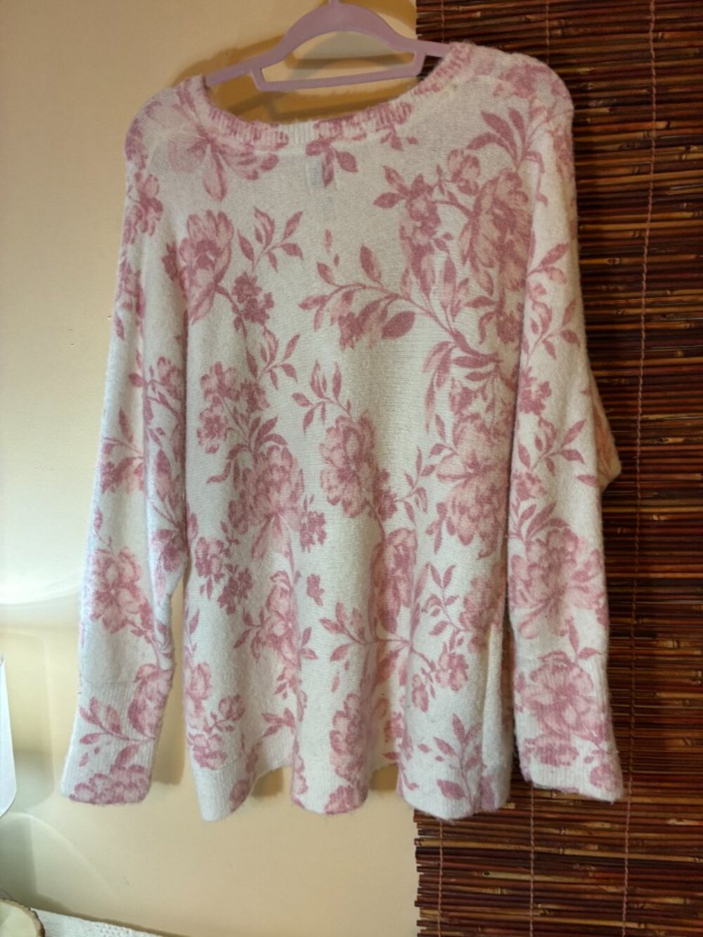 Joie Pink Floral Toile Crewneck Knit Sweater 1X Cream Cottagecore Slouchy Cozy